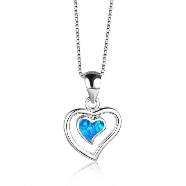 White Blue Fire Opal Cute Heart Pendant Necklaces For Women Romantic Jewelry Vintage Fashion 925 Silver Birthstone Necklace Gift