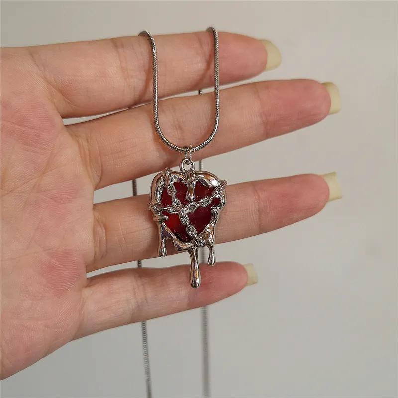 Vintage Y2k Red Love Heart Cross Pendant Snake Chain Necklace For Women Men Halloween Aesthetic Gothic Rave Jewelry Accessories