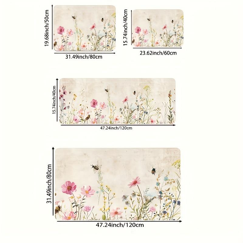 1 шт. анти-усталостные кухонные коврики, с цветочным и пчелиным принтом, водонепроницаемые нескользящие толстые мягкие кухонные коврики, прочные, удобные стоячие коврики для кухни
