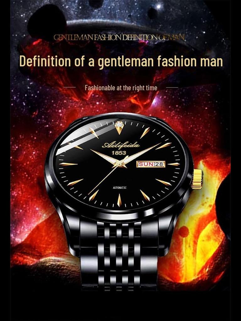 Aili Feida Men's Quartz Waterproof Watch with Hollow Back and Calendar Feature.