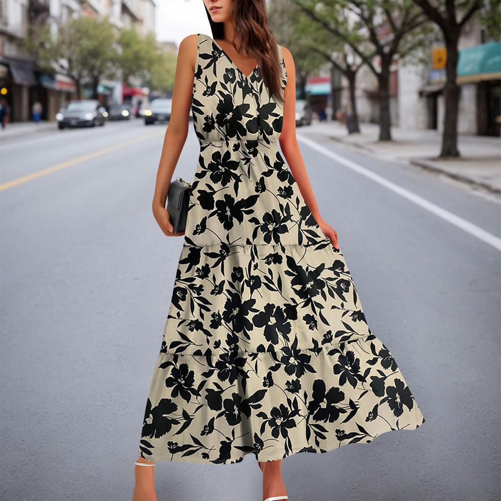 Женские струящиеся платья Женские летние платья Повседневные длинные платья без рукавов Милые длинные платья с цветочным принтом