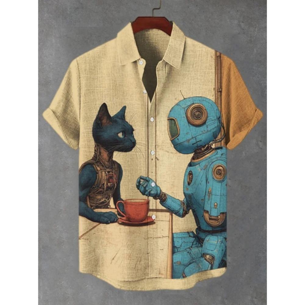 3D Printed Fun Cat Fish Hawaiian Shirt for Men Cute Animals Pattern Aloha Shirts Summer Short Sleeve Tops Street Casual Blouse