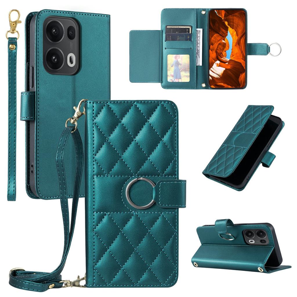 Для Oppo Reno13 Pro 5G кожаный чехол-кроссбоди с пряжкой-кольцом и подставкой-кошельком с ромбом