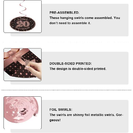 Happy 20th Birthday Party Hanging Swirls Streams Ceiling Decorations, Celebration 20 Foil Hanging Swirls with Cutouts for 20 Years Old Rose Gold