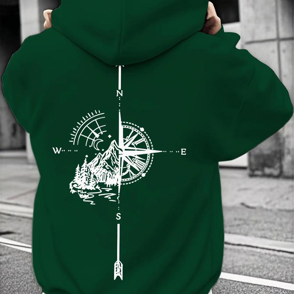 Retro Outdoor Compass Forest Print Hooded Sweatshirt, Soft and Loose Street Style Casual Everyday Hoodie.