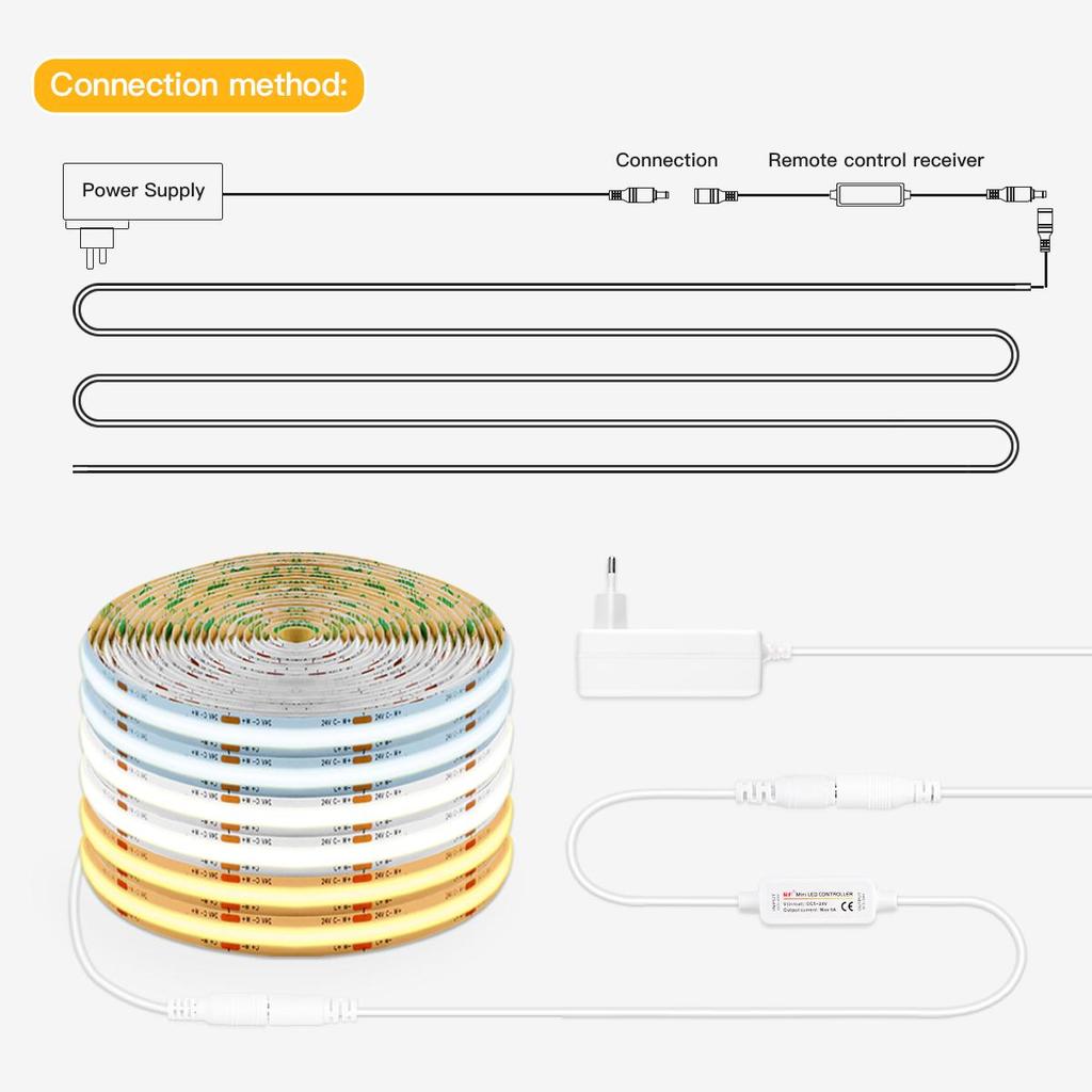 Двухцветная светодиодная лента COB с изменяемой цветовой температурой от 2700K до 6500K, 24В, с беспроводным пультом дистанционного управления, диммируемая, FOB светодиодная лента для декора комнаты