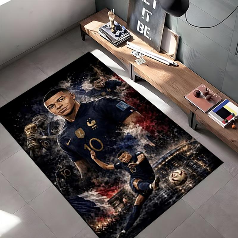 Sports Area Rug, Kylian Mbappe France 10 World Cup Trophy Poster, Fan Cave Decor, Non-Slip Mat