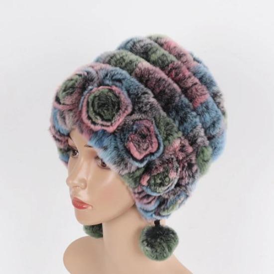 Горячая Распродажа Зимние Женские Шапки с Цветами и Полосками из Натурального Меха Рекса, Теплые Вязаные Шапки из Натурального Меха для Леди, Русские Уличные Меховые Шапки