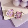 Purple Color Camellia Flowers Imitation Pearl Stud Earring for Women Simple Glaze Enamel Personality Jewelry Girl Gift