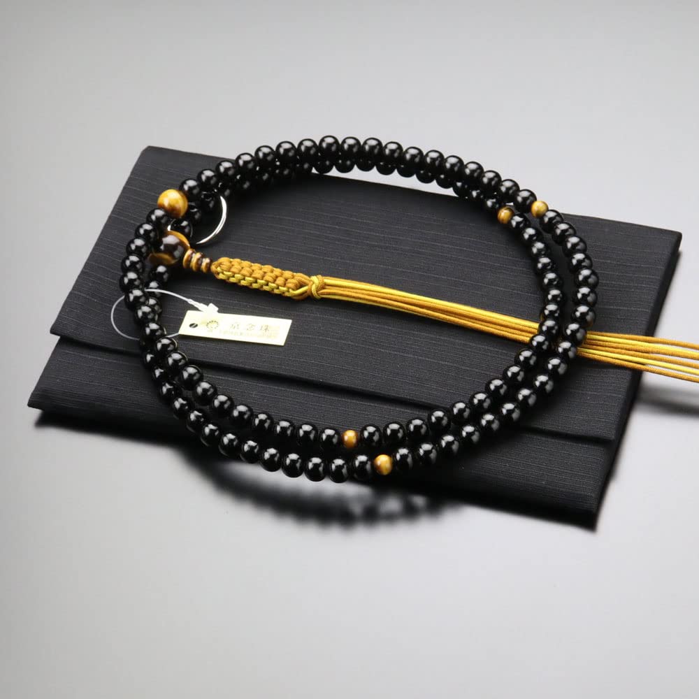 Soto Zen Buddhist Prayer Beads for Men Shakuni Ebony Tiger Eye Stone Genuine Silver Ribbon Prayer Beads Kyoto Prayer Beads Kyoto 108 Beads Double