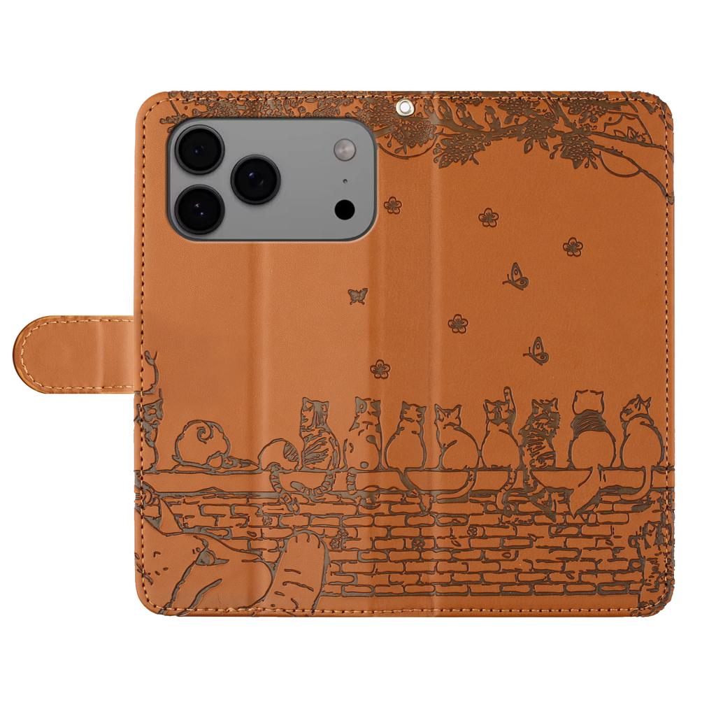 For iPhone 17 Pro Case with Wrist Strap Leather Phone Cover Wall Cats Pattern