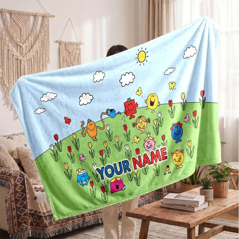 Mr. Men & Little Miss Personalized Flannel Blanket, Custom Printed Text Name, Warm Soft Blanket For Couch Bed