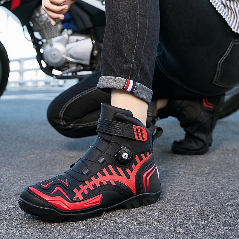 Унисекс кожаные мотоциклетные ботинки большого размера с кнопкой вращения, противоскользящие, противоударные, для соревнований, обувь для верховой езды
