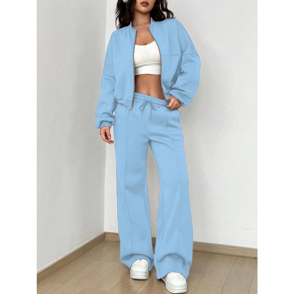 Autumn Solid Color Zipper Casual Sports Long Sleeved Top with Drawstring Casual Pants Two-piece Set
