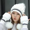 Women's Winter Velvet Rabbit Fur Knitted Wool Hat with Fur Ball and Earmuffs Beret.