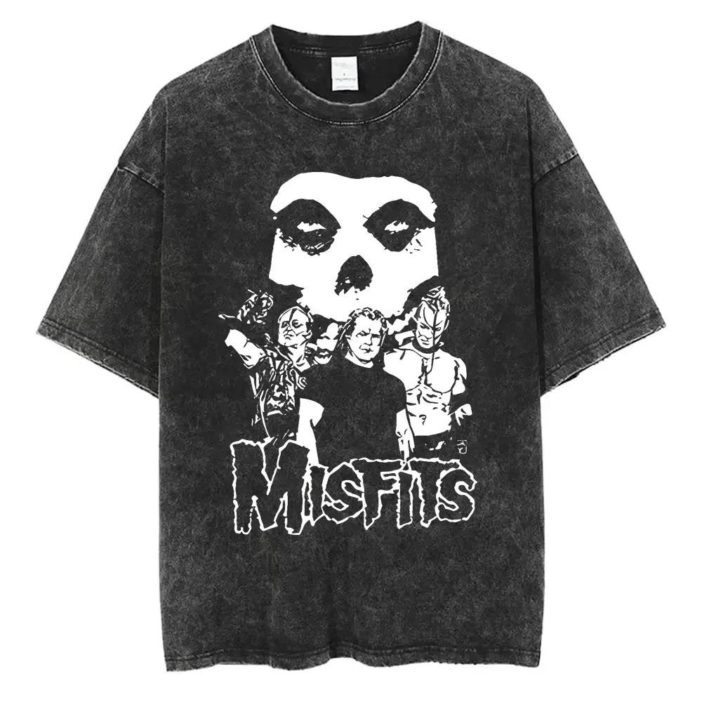 Washed Punk Graphic Fashion Casual Hardcore Skull T-Shirt Horror Men'S And Women'S T-Shirt Vintage Band Fit T