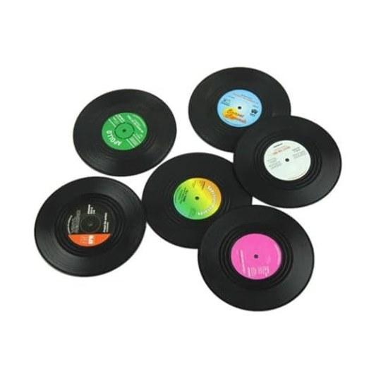 6-piece set retro black rubber record coasters tea cup mats beverage round insulation non-slip anti-mold silicone tape player holder washable