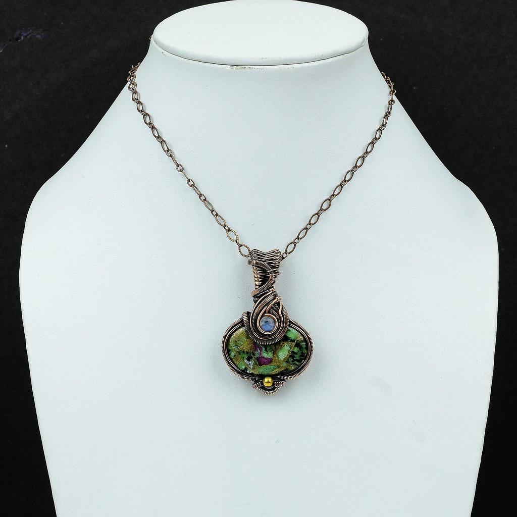 Copper Ruby Zoisite Pendant Copper Wire Wrapped Jewelry Gemstone Pendant Rainbow Moonstone Handmade Jewelry Copper Designer Pendant For Gift