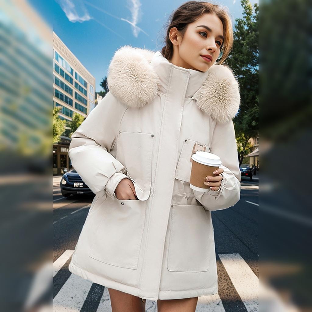 Women's Fashionable Skinny Plush Collar Zipper Hooded Winter Warm Cotton Coat Down Jacket