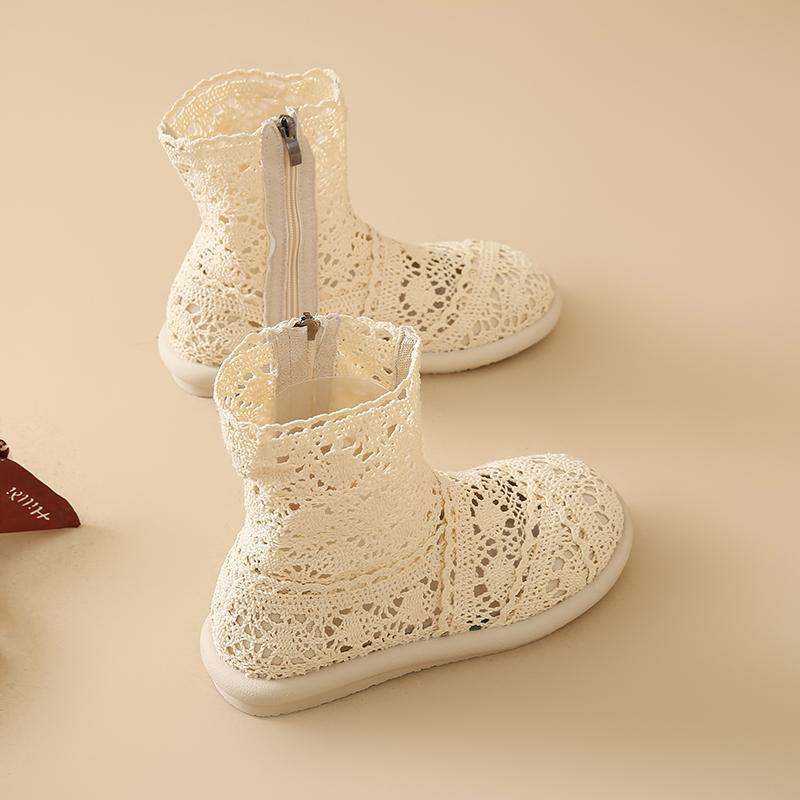 2025 Женские ботинки с вырезами, сетчатая дышащая обувь, летние женские ботильоны, вязаные, на плоской подошве, на молнии, с круглым носком, однотонная обувь