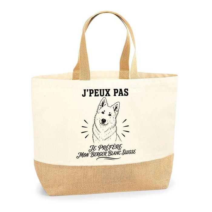 Sac J’peux pas je préfère mon Berger Blanc Suisse J'peux pas minimaliste | Cabas en Coton avec Fond Jute 18 L 48 × 37 × 13 cm