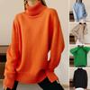 Women Sweater High Collar Long Sleeve Ribbed Trim Pullover Tops Loose Fit Solid