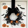 Black Branch Wreath Halloween for Front Door, 9 Inch Pumpkin with Party Decor Velvet Bow Home Porch Holiday Window Wall Fireplace