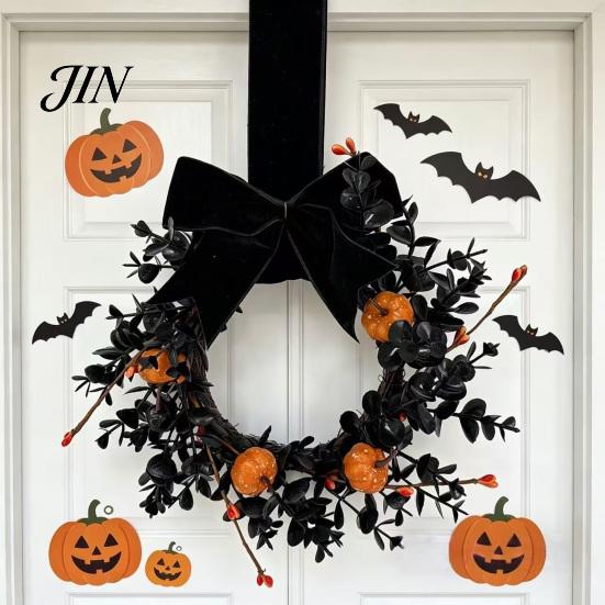 Black Branch Wreath Halloween for Front Door, 9 Inch Pumpkin with Party Decor Velvet Bow Home Porch Holiday Window Wall Fireplace