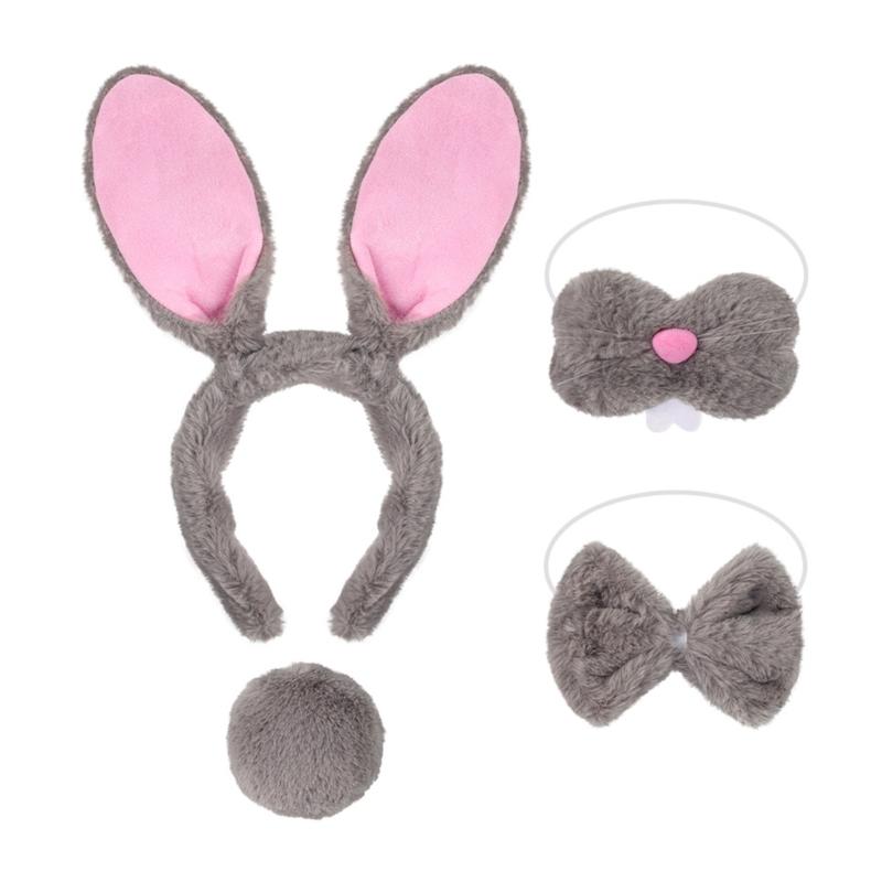 Ободок с кроличьими ушками, бабочка, нос, кроличий хвостик для Хэллоуина, косплей-вечеринки, 4 шт., костюм пасхального кролика для детей и взрослых