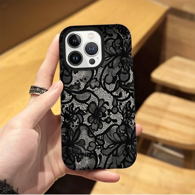 Luxury Black Lace Pattern Phone Case For IPhone 17 16 Pro Max 15 14 Plus 13 12 11 Pro Air Protective Soft Elegant Vintage Cover