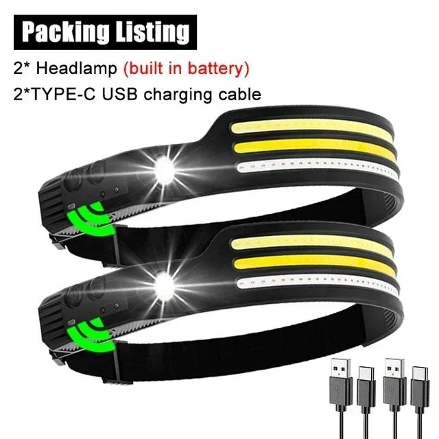 Индукционный налобный фонарь COB LED Sensor Head Lamp Встроенный аккумуляторный фонарик USB перезаряжаемый налобный фонарь 10 режимов освещения Headlight
