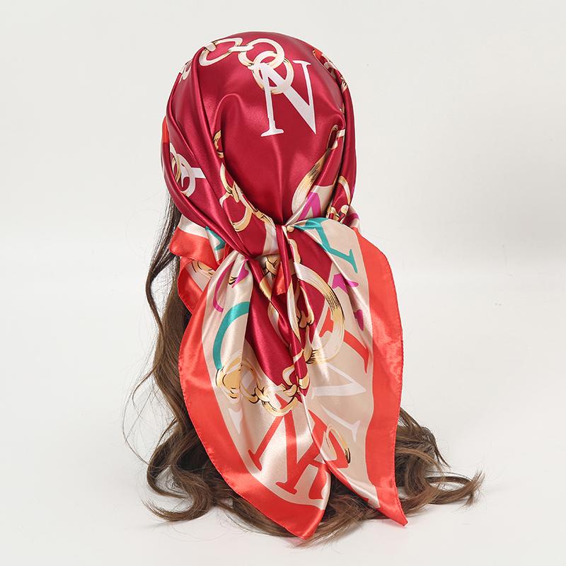 Satin Square Scarf Women Muslim Hijab Elegant Print Silk Neckerchief Shawl Wraps Headband Handle Hair Accessories Bandana