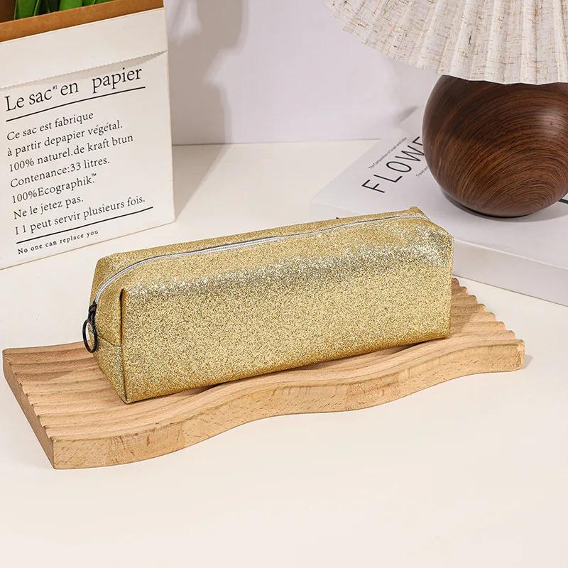 Пенал с блестками, пенал-косметичка, однотонный, большой вместимости, с пайетками, школьные принадлежности, пенал для девочек