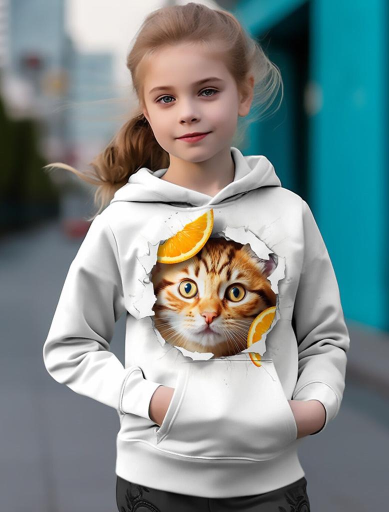 Kids Hoodies 3D Print Cartoon Cat Orange Motifs Streetwear Boys Girls Sweatshirts Oversized Hoodie Kawaii Pullovers Tracksuits