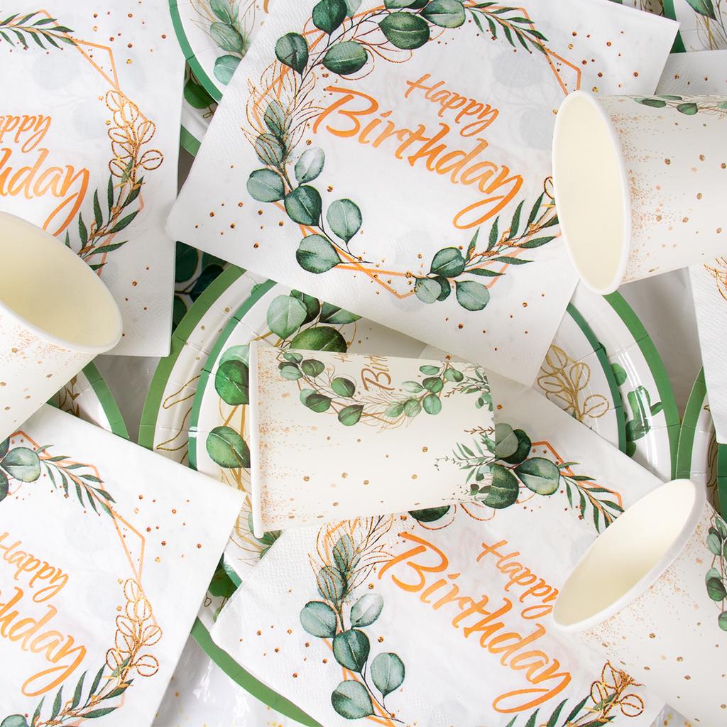 Greenery Eucalyptus Happy Birthday Disposable Plates Cups Napkins Birthday Party Decoration Green Leaf Pattern Birthday Supplies