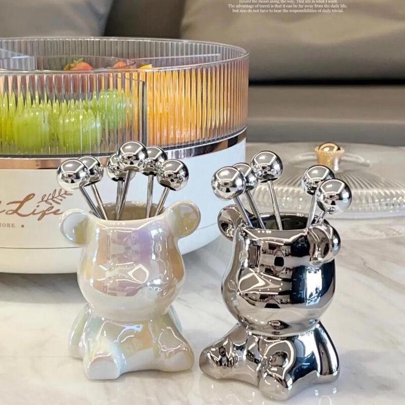 Cute Bear Stainless Steel Fruit Fork Set with Wooden Jar