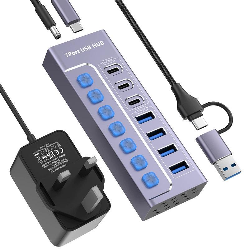 USB 3.0 7-портовый концентратор-разветвитель, док-станция 10 Гбит/с с независимыми переключателями