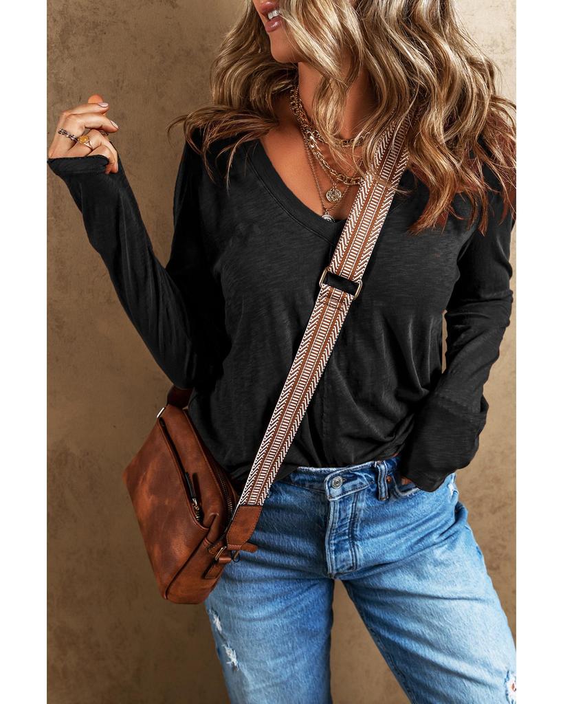 Azura Exchange Черная футболка с V-образным вырезом и длинным рукавом по центру