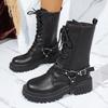 Fashion Fashion Belt Buckle Platform Mid Calf Boots Women Black Zipper Thick Sole Motorcycle Boots Woman Punk Pu Leather Botas Mujer