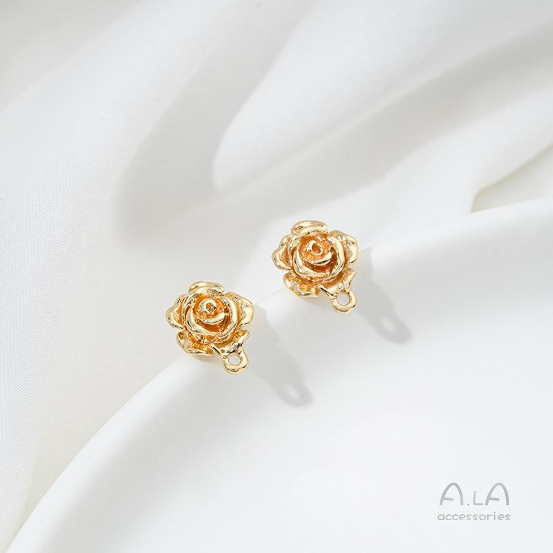Серьги-пусеты в виде трехмерных цветков роз, заполненные 14-каратным золотом, со штифтами и соединительными кольцами из серебра 925 пробы для DIY-аксессуаров