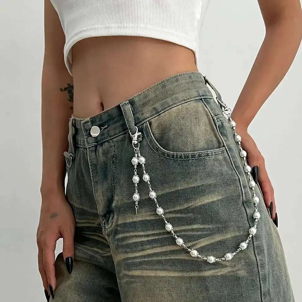 Ingemark Creative Unique Imitation Pearl Jeans Pants Chain for Women Retro Hip Hop Bag Wallet Keychain Men Jewelry Accessories
