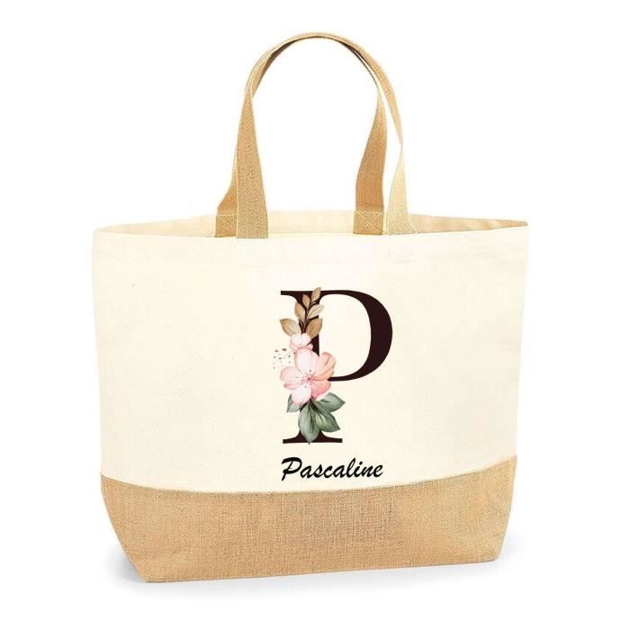 Cabas de plage - PLANETEE - Pascaline Lettre Fleur - Jute naturel - Poignées renforcées - Multicolore