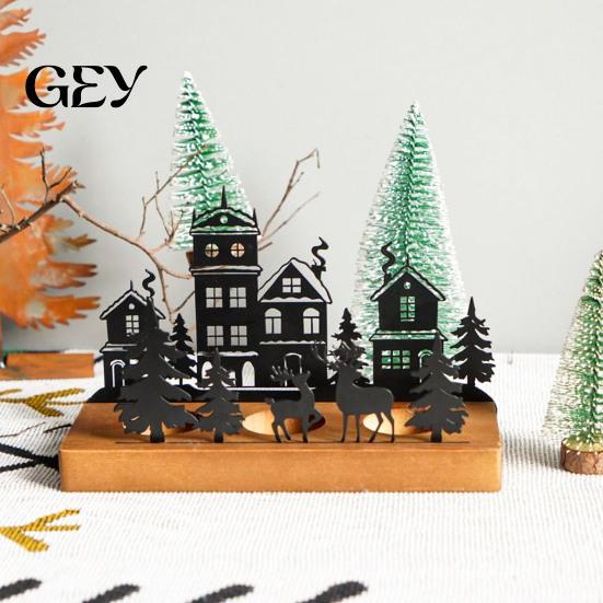 Farmhouse Candle Stand Christmas Town Silhouette Holder, Wooden Tea Light for Decorative Fireplace Accents Tabletop Decoration, Metal Festive and Home