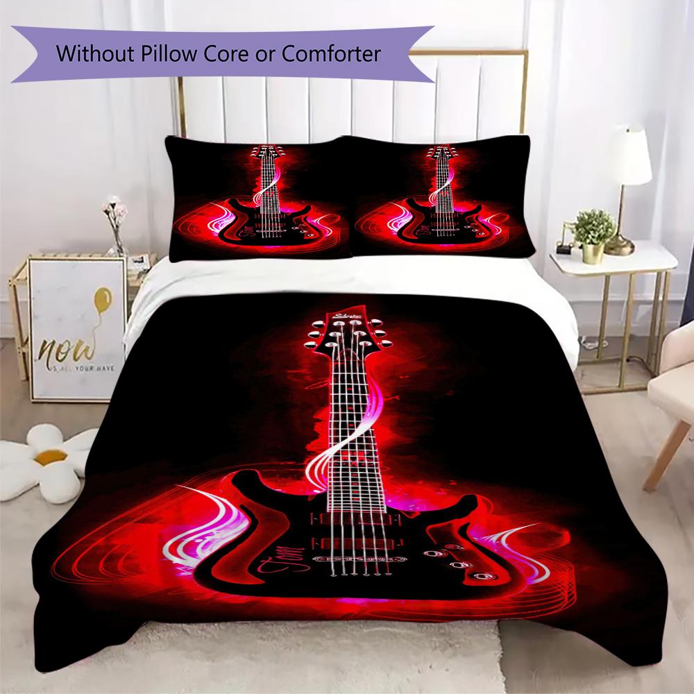 1PC Electric guitar Theme Bedding Quilt Set Quilt Cover Pillowcase Home Decoration Birthday Gift (1 * duvet cover + 2 * pillowcase, without core)A3