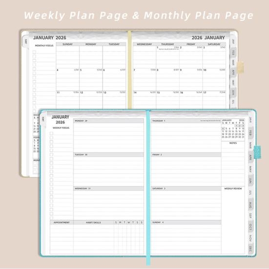 Планировщик 2026 года Блокнот А5 144 листа Твердый переплет Ежедневник Календарь Многофункциональный Расписание для баланса работы и личной жизни для путешествий, колледжа, дома