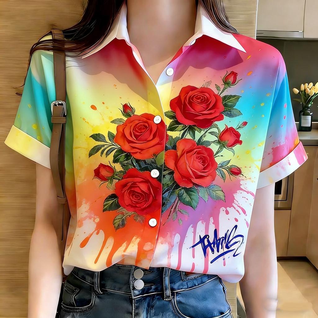 Summer new Thai short-sleeved printed shirt women's summer loose ins trendy casual couple shirt