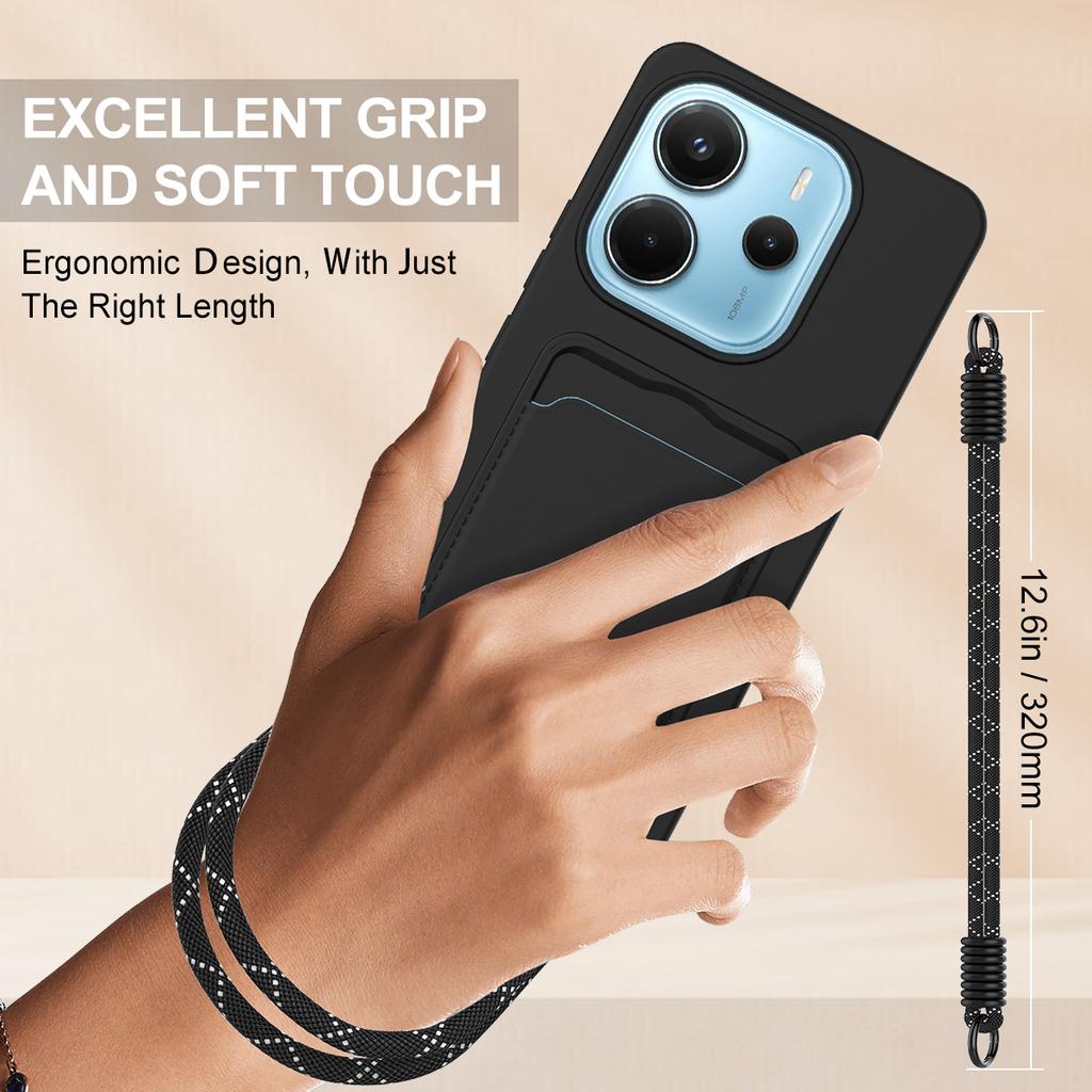 Для Xiaomi Redmi Note 14 4G (163,25 мм) Чехол из жидкого силикона, задняя крышка для телефона с держателем для карт и коротким ремешком