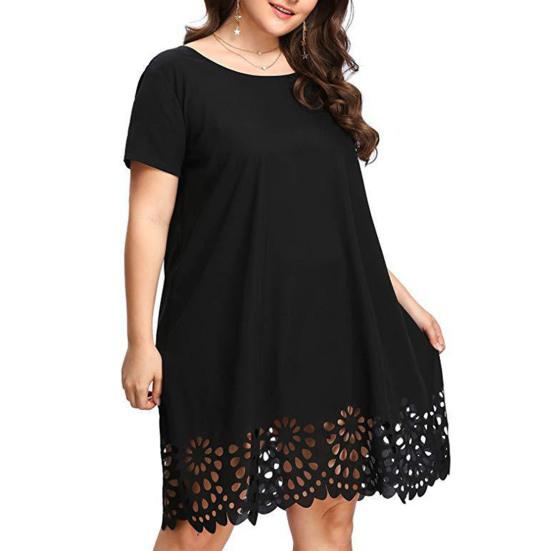 Женское летнее платье миди с вырезом по краю, большие размеры, с короткими рукавами и круглым вырезом, свободный подол, однотонное женское повседневное платье