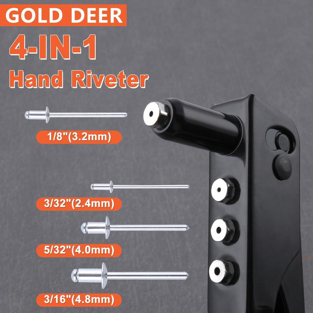 GOLD DEER Ручной заклепочник Ручной заклепочник 100 4 Сменных заклепочник Заклепочная гайка Ручной инструмент для слепой клепки Слепая заклепка Заклепочная гайка Выемка Поп-заклепка для дома