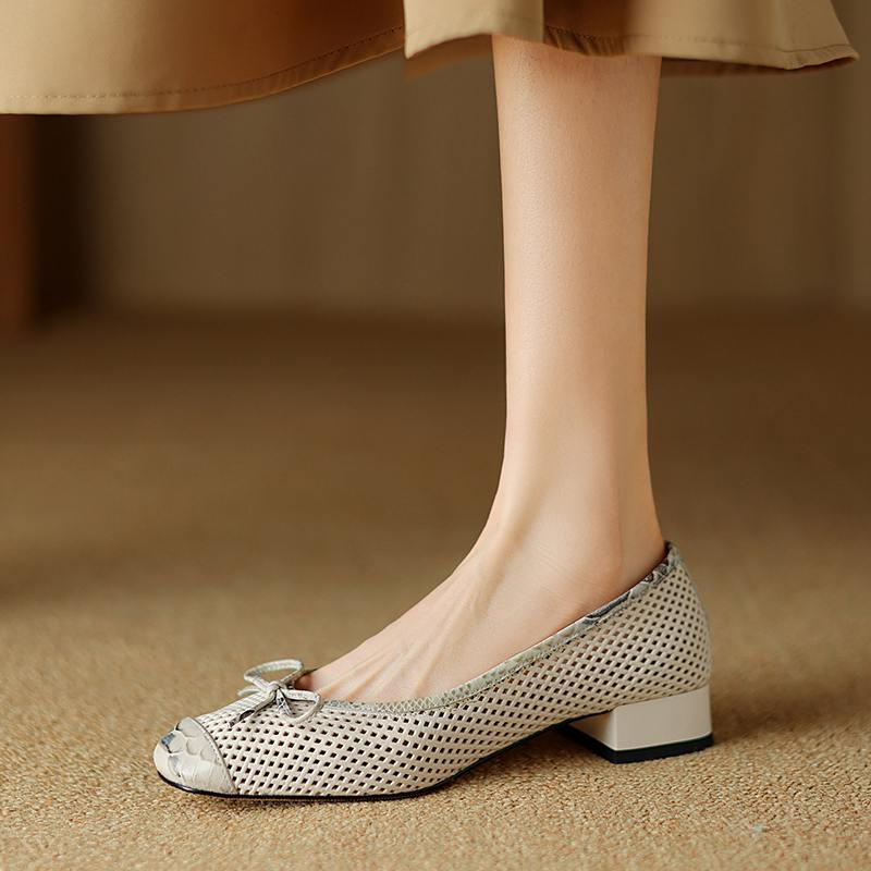 Krazing Pot Natural Leather Spring Summer Size 41 Thick Low Heels Women Square Toe Hollow Decoration Breathable Slip On Pumps